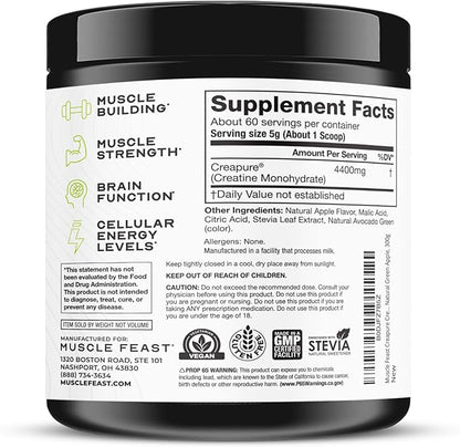Muscle Feast Creapure Creatine Monohydrate Powder, Vegan Keto Friendly Gluten-Free Easy to Mix
