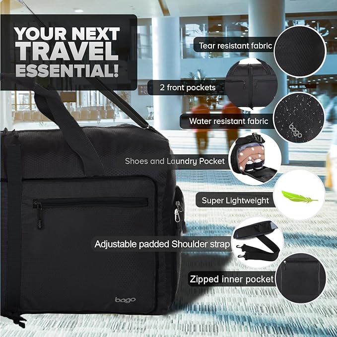 Bago Foldable Duffel Bags for Traveling Women & Men - 60L Medium Packable Duffle Bag for Travel