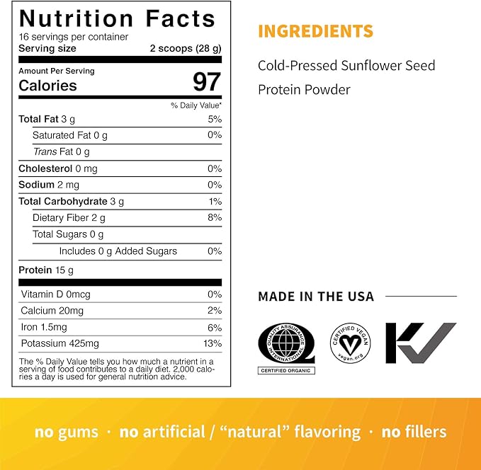 Sprout Living Simple Sunflower Seed Protein Powder, 15 Grams Organic Plant Based Protein Powder