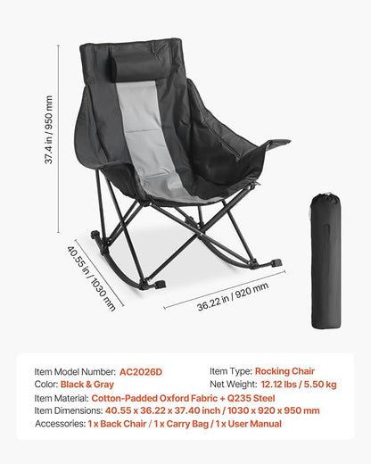 VEVOR Rocking Camping Chair, Portable Folding Rocker, Heavy-Duty Lawn Chair Recliner with Cupholder