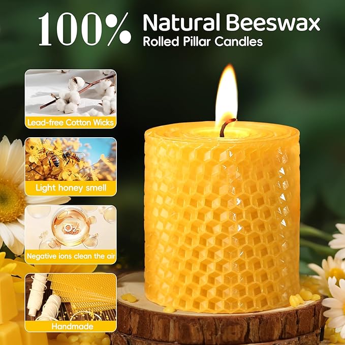 Hand-Rolled Beeswax Candles,2.8x3in-6PCS,All Natural Honeycomb Beeswax Pillar Candles,144 Hours