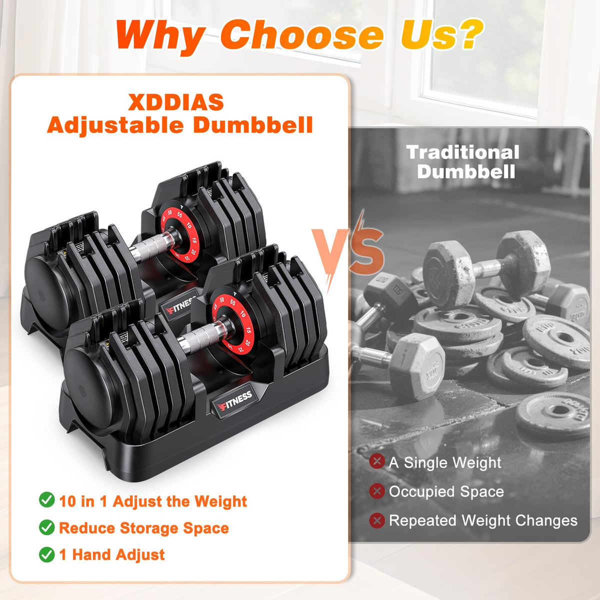 XDDIAS Adjustable Dumbbells Set of 2, Weight Set at Home (55LB 10-Level)