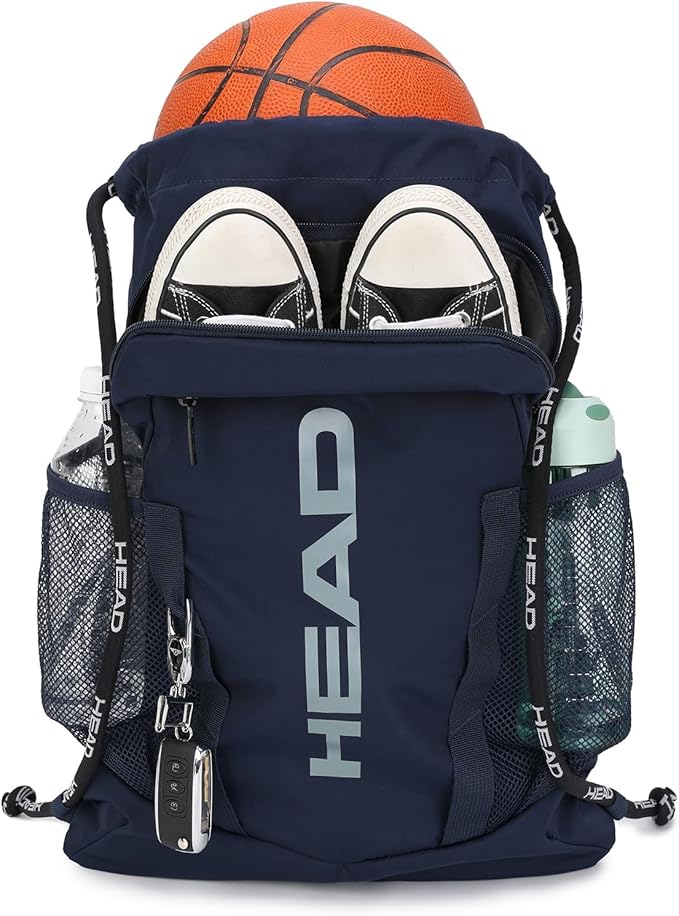 HEAD Waterproof Gym Sackpack for Sport with 2 Zipper Pockets, Large Drawstring Backpacks for Men