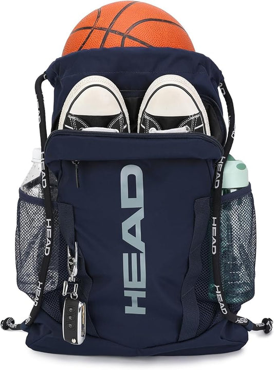 HEAD Waterproof Gym Sackpack for Sport with 2 Zipper Pockets, Large Drawstring Backpacks for Men