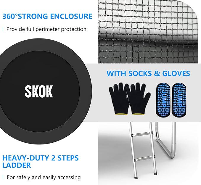 SKOK Trampoline 8FT 10FT 12FT 14FT 15FT Trampolines with Enclosure Net, 400LBS Outdoor Trampolines