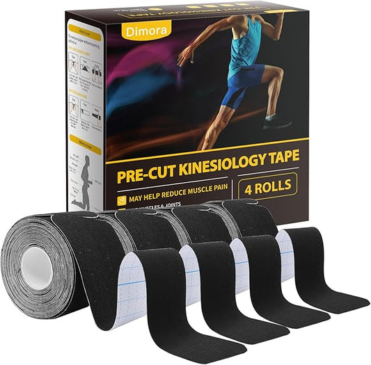 Dimora Kinesiology Tape, 80 Count Precut Strips 4 Rolls, Original Cotton, 10” Elastic Athletic Tape