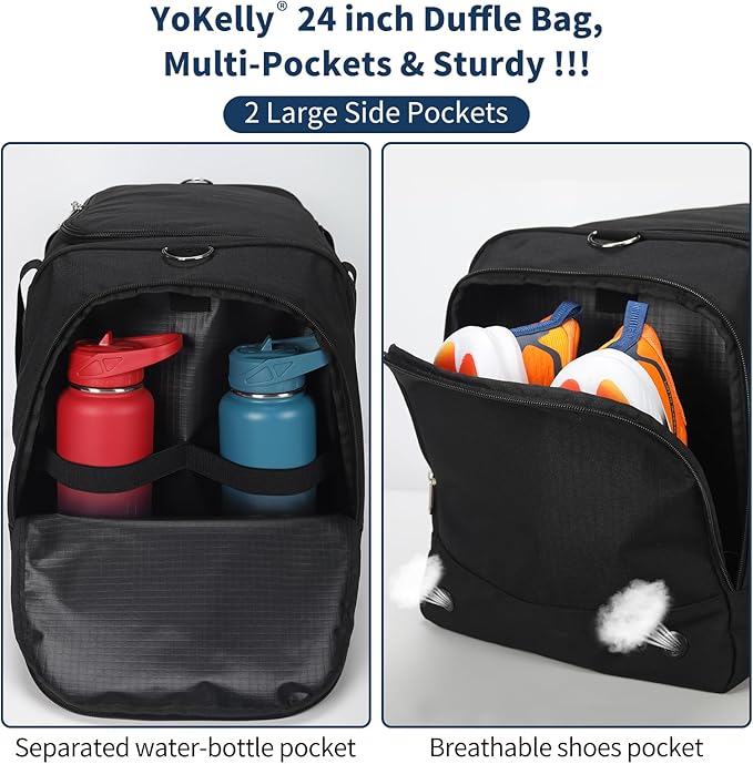24 inch Large Gym Bag for Men - 65L Hard Bottom Duffle Bag with Shoes Compartment for Sport/Travel