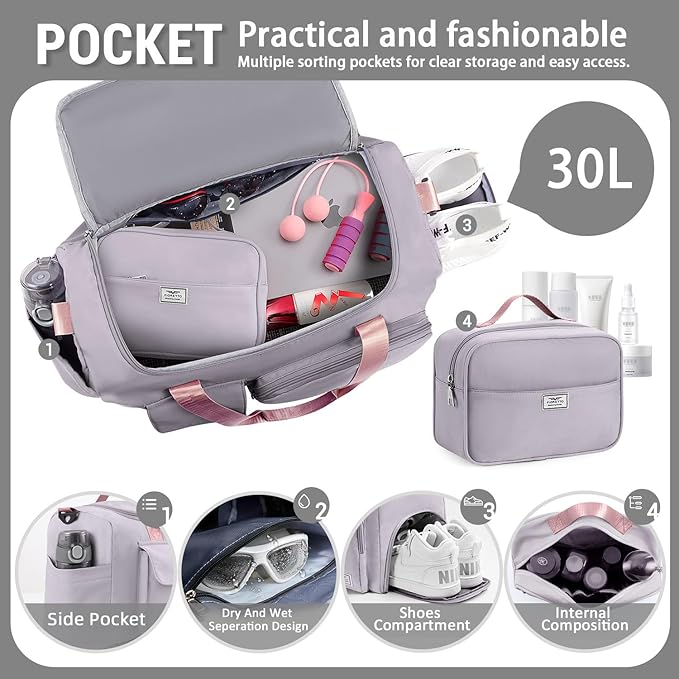 FIORETTO Women's Gym Duffle Bag with Shoes Compartment, 37L Capacity, Ideal for Travel, Gym
