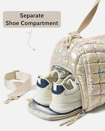 Quilted Duffel Bag for Women, Puffer Gym Duffle Bag with Shoe Compartment Lightweight Large
