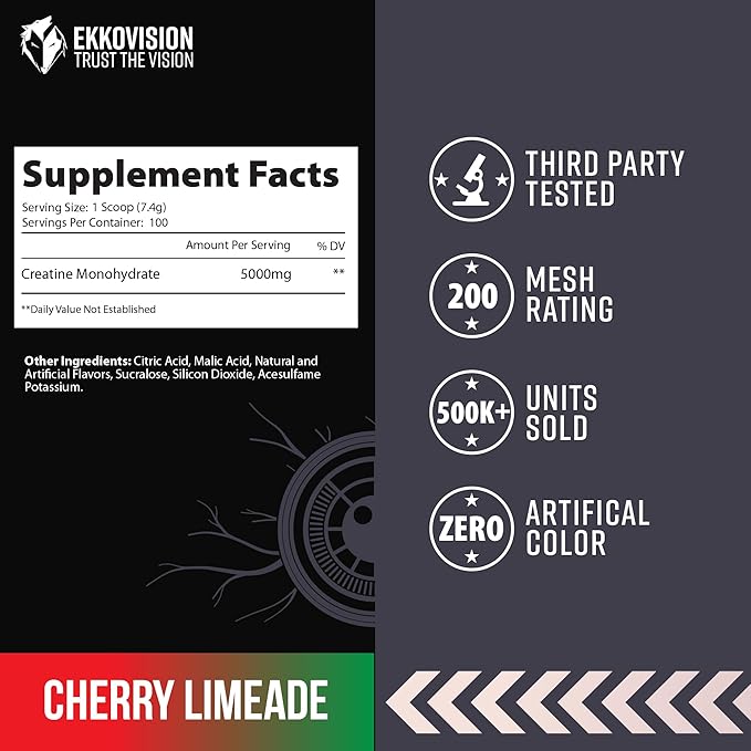 Ekkovision Creatine Monohydrate Powder, Micronized, Cherry Limeade, Pre Workout & Post Workout