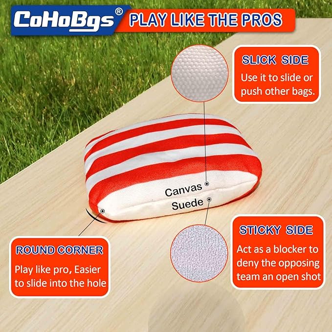 CoHoBgs Corn Hole Bags Set 8, Professional Cornhole Bags Dual-Sided Slick & Stick Resin Filled