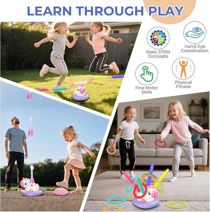 3-in-1 Outdoor Toys for Kids Ages 3-8, Unicorn Rocket Launcher, Ring Toss & Musical Jump - Backyard