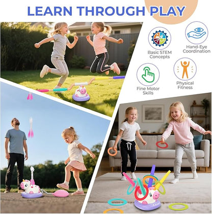 3-in-1 Outdoor Toys for Kids Ages 3-8, Unicorn Rocket Launcher, Ring Toss & Musical Jump - Backyard