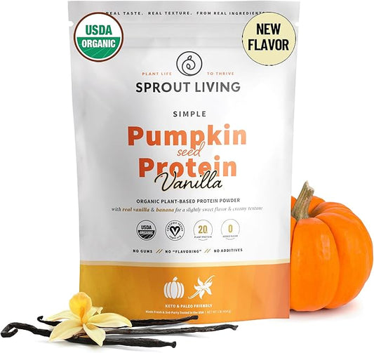 Sprout Living Organic Pumpkin Seed Protein Powder, Vanilla Flavor, 20 Grams of Plant Based Organic