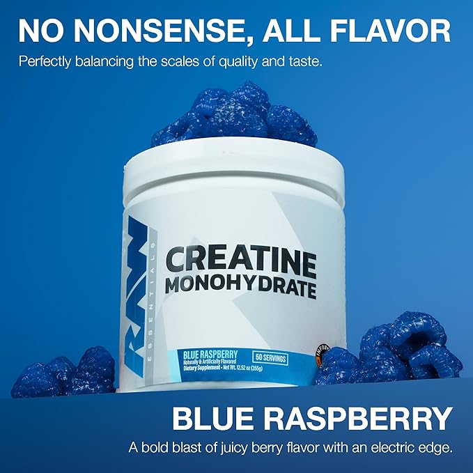 RAW Nutrition Creatine Monohydrate Powder, Blue Raspberry (30 Servings) - Micronized Creatine