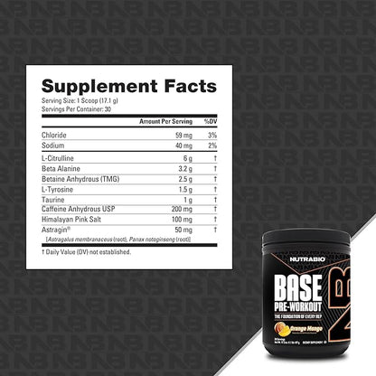 NutraBio Base Pre-Workout Powder 200mg Caffeine, Sustained Energy, Focus, Endurance, Pump, Sugar