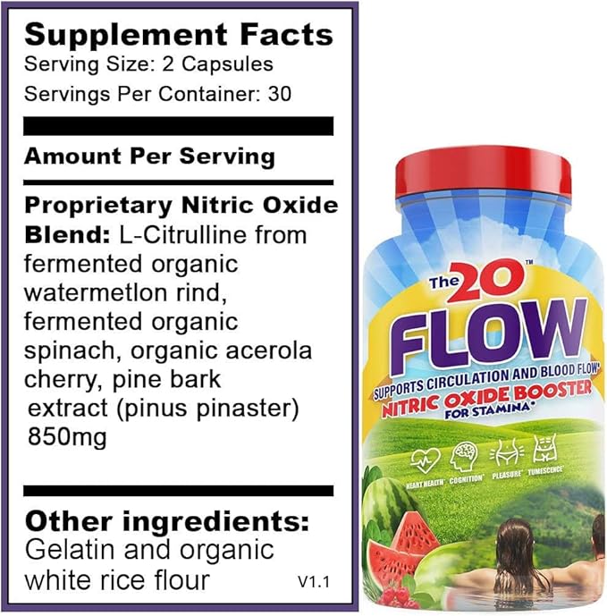 The20: Flow - Nitric Oxide Supplement - 60 Capsules - L-Citrulline from Organic Watermelon, Organic