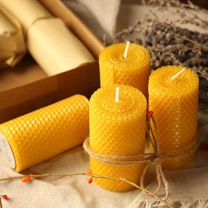3 Pack Natural Beeswax Pillar Candles,Handmade Pure Beeswax Rolled Candle-60 Hours Long