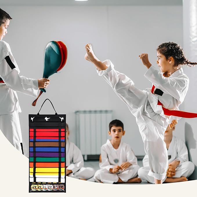 12 Belts Karate Belt Display Rack with PVC Medal Storage, Felt Taekwondo Belt Display Holder, Felt