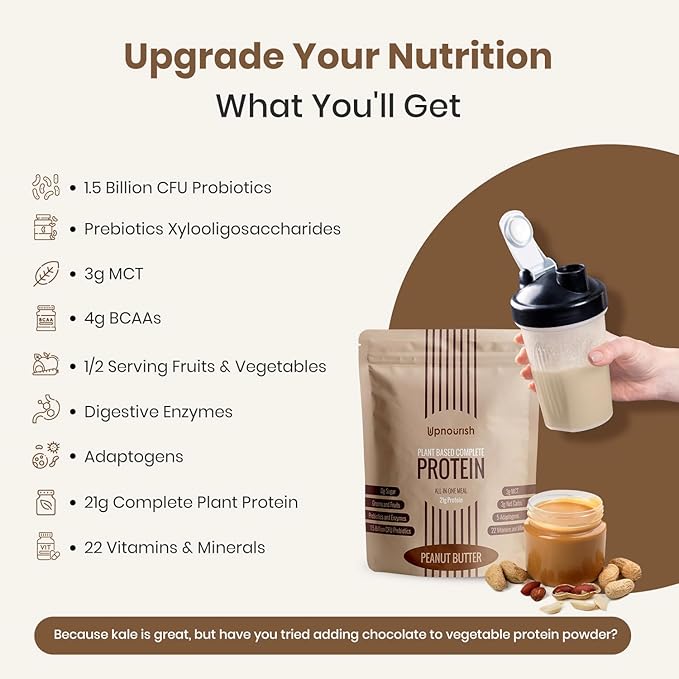 UpNourish Peanut Butter Vegan Protein Powder 54 Superfoods Powder,1.5 Billion CFU Probiotics 21g