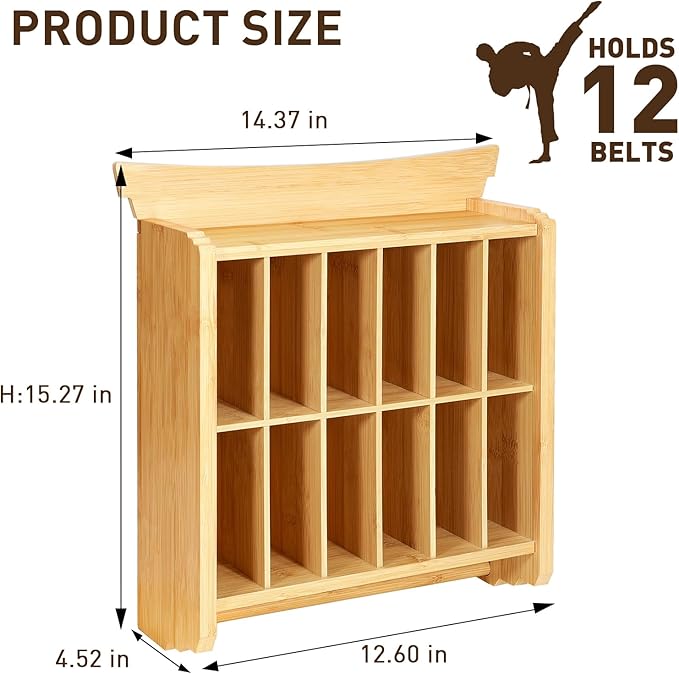 Tilhumt 12 Belts Karate Belt Display Rack with Trophy and Medal Display Rack, Taekwondo Belt