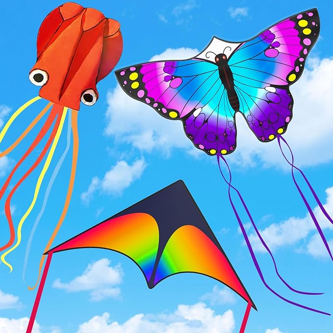 3 Pack Large Kites, Large Butterfly Kite, Colorful Delta and Red Octopus for Girls Boys Ages 4-8