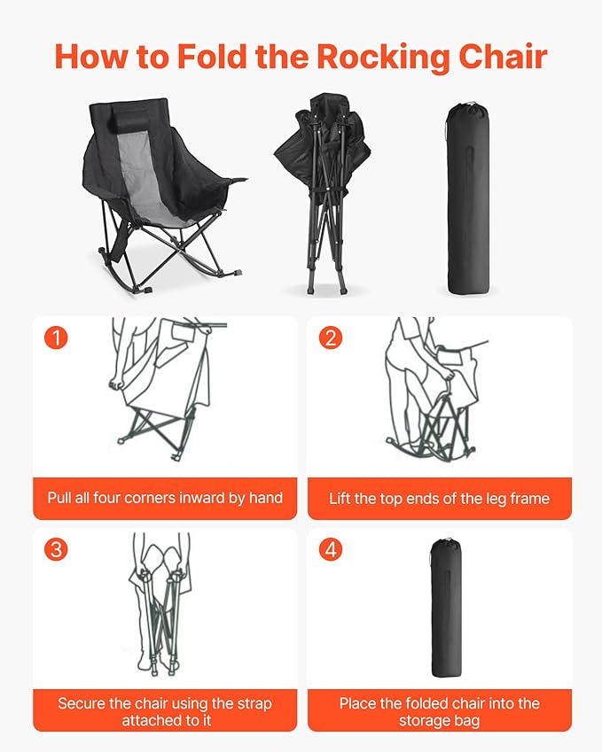 VEVOR Heated Camping Chair, 3 Heating Settings, Large-Sized Padded Folding Rocker, Heavy Duty