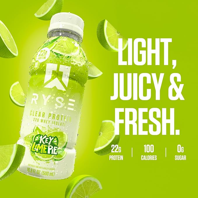 RYSE Clear Protein Shake - Key Lime Pie - 100 Calories, 22g Whey Isolate Protein, Sugar-Free, 0g