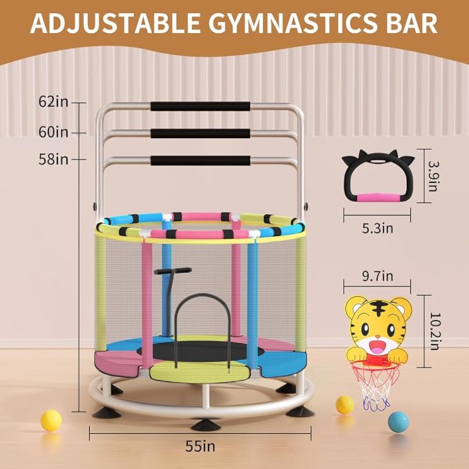 Trampoline for Kids, Adjustable Baby Toddler Trampoline with Basketball Hoop, Round Bottom Indoor