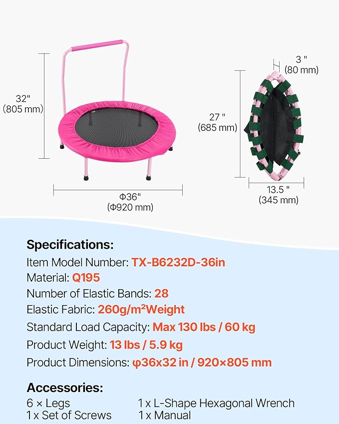 VEVOR 3FT Trampoline 36" Indoor/Outdoor for Toddlers, Foldable Mini Baby With Foam Handle
