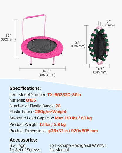 VEVOR 3FT Trampoline 36" Indoor/Outdoor for Toddlers, Foldable Mini Baby With Foam Handle