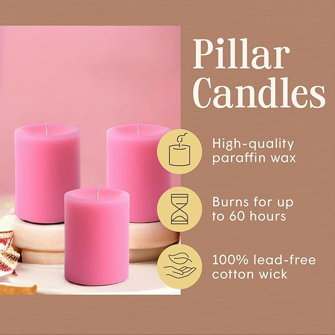 Mister Candle Dripless Unscented Pillar Candles, Set of 3 Hand Poured Solid Color Non-Scented