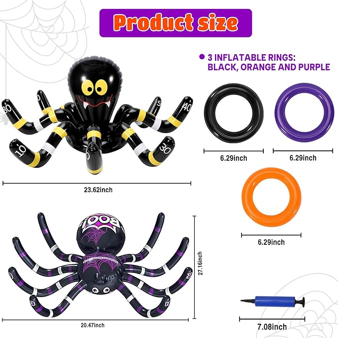 Max Fun Halloween Ring Toss Games for Kids, 2 Pack Inflatable Spiders Set Halloween Party Favor