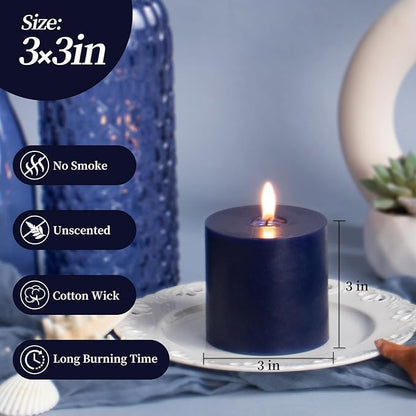 KONNI Navy Blue Pillar Candles Set of 3, 3"x 3" Unscented Pillar Candles Bulk, 30 Hours Long