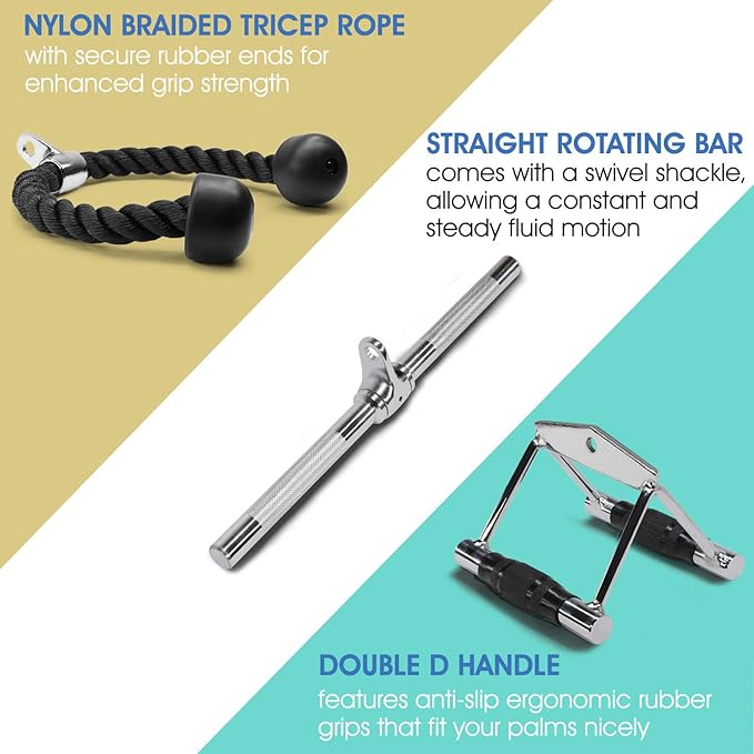 Yes4All Tricep Press Down Cable Machine Attachment Set, LAT Pulldown Attachment, Cable Machine