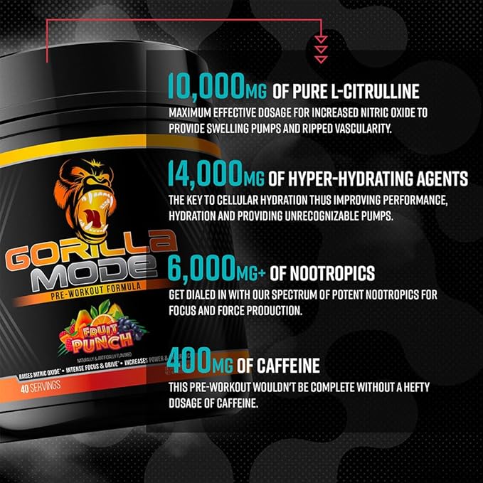 Gorilla Mind Pre Workout - Massive Pumps Laser Focus Energy Power - L-Citrulline, Creatine