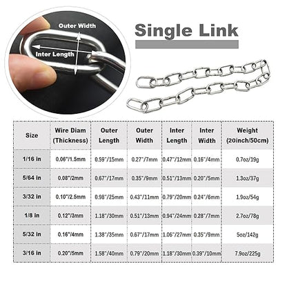 5/64 inch(2mm) Wire Diameter Stainless Steel Safety Chains 20 inch Long Link Rings Light Duty Coil
