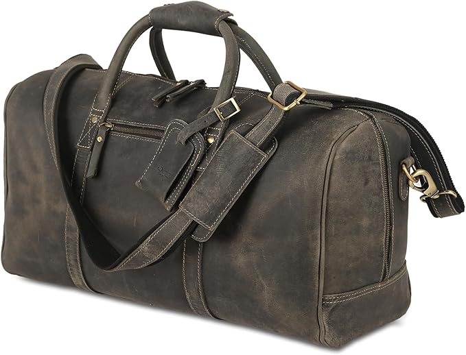 KomalC 24 Inch Leather Duffel Bags for Men and Women Full Grain Leather Travel Overnight Weekend