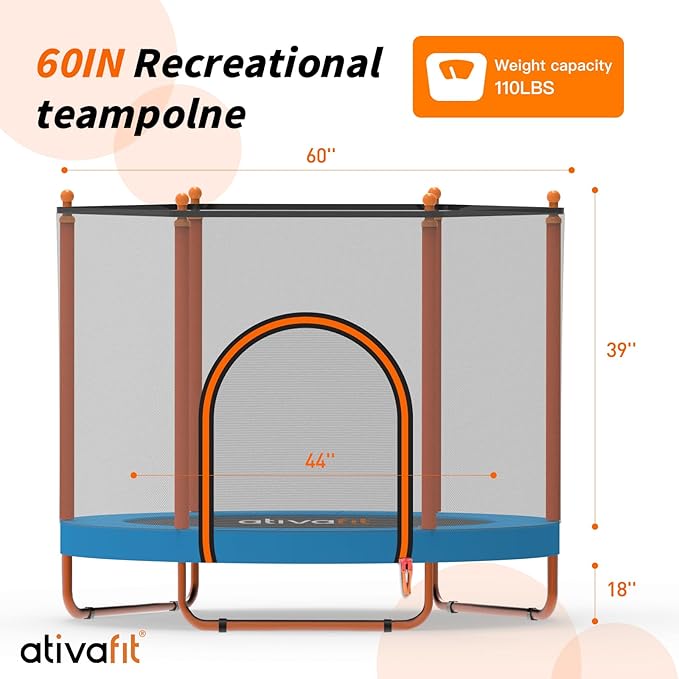 Ativafit 60'' Rebounder Trampoline Indoor Outdoor for Kids Ages 1-8, 5 FT Recreational Toddler
