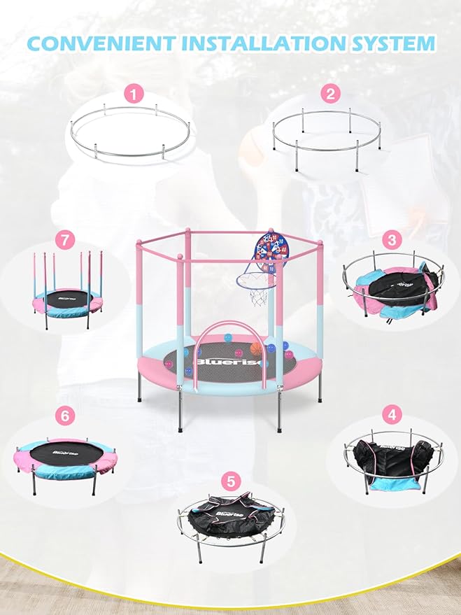 BLUERISE Trampoline 55IN 6FT Toddler Trampoline for Kids Indoor Outdoor Play for Kids Trampoline