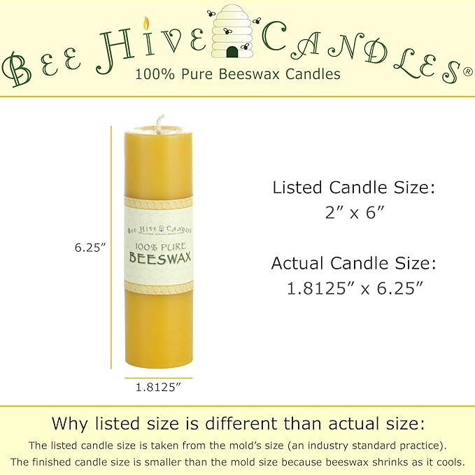 100% Pure Beeswax Pillar Candle (2" x 6") | Natural Beeswax Candles | Soy, Paraffin & Fragrance