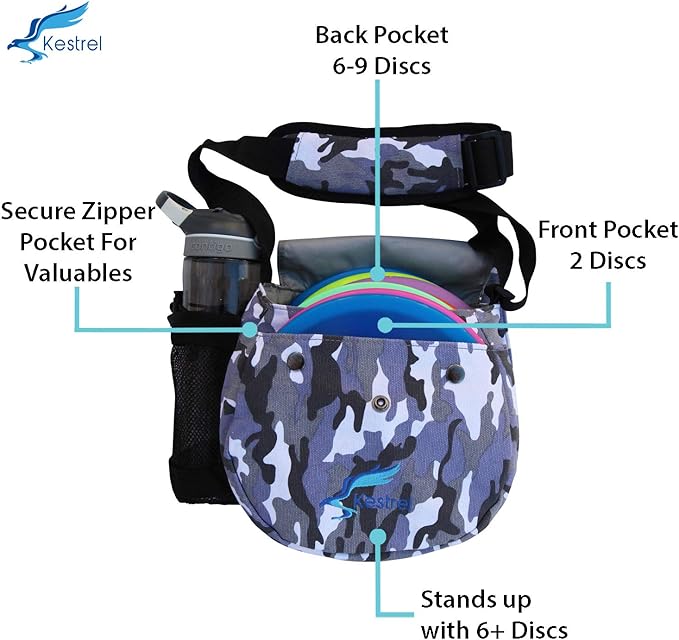 Kestrel Black Disc Golf Bag - Fits 6-10 Golf Discs + Bottle - For Beginner & Advanced Golfers