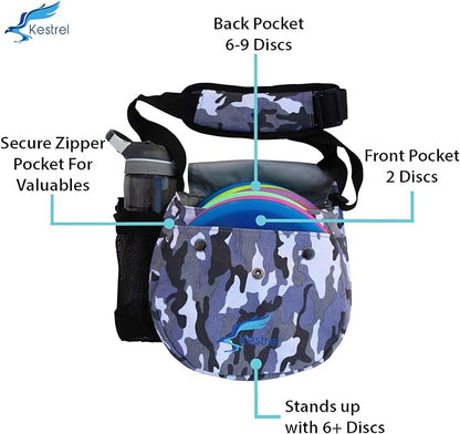 Kestrel Black Disc Golf Bag - Fits 6-10 Golf Discs + Bottle - For Beginner & Advanced Golfers