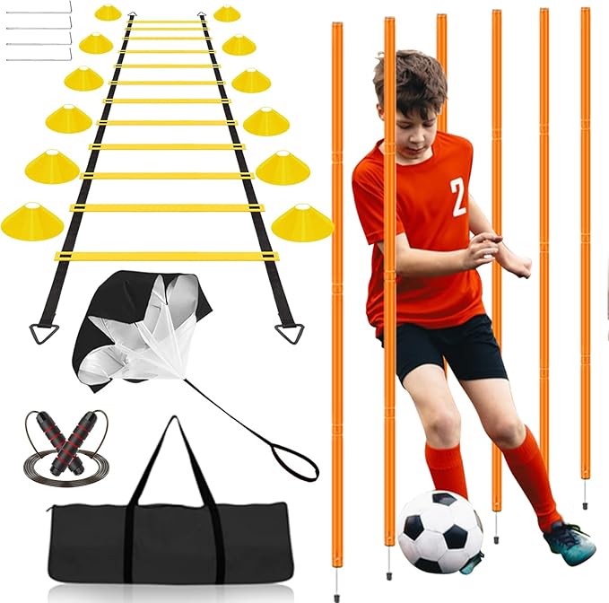 Speed & Agility Training Equipment-20ft Agility Ladder, 6 Poles, 12 Soccer Cones, Resistance