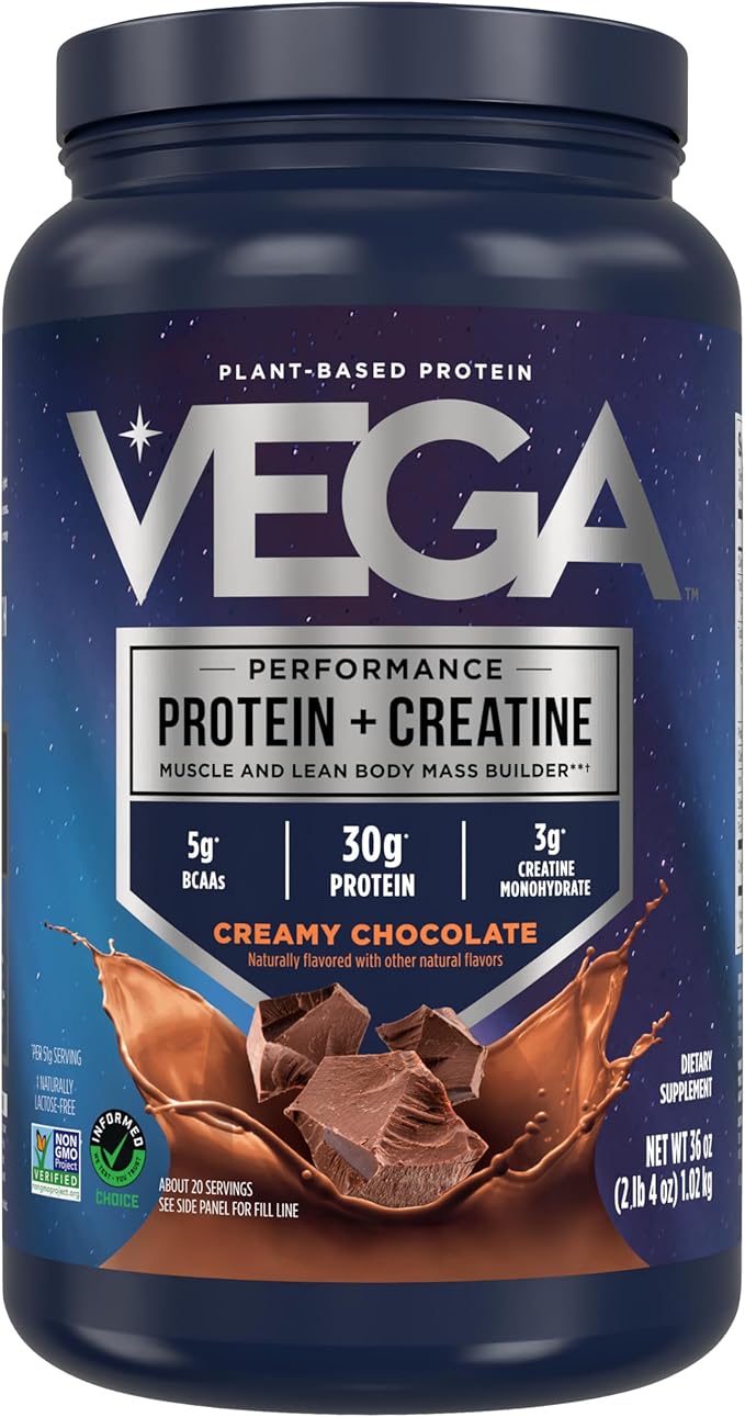 Vega Protein + Creatine - 30g Plant-Based Protein, Chocolate, 20 Servings, 3g Creatine, 5g BCAAs