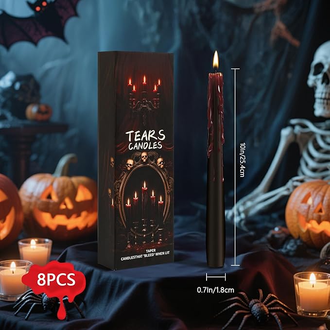 8 Pack Halloween Bleeding Candles, Black Vampire Tears Taper Candles Spooky Blood Drip Candles Set