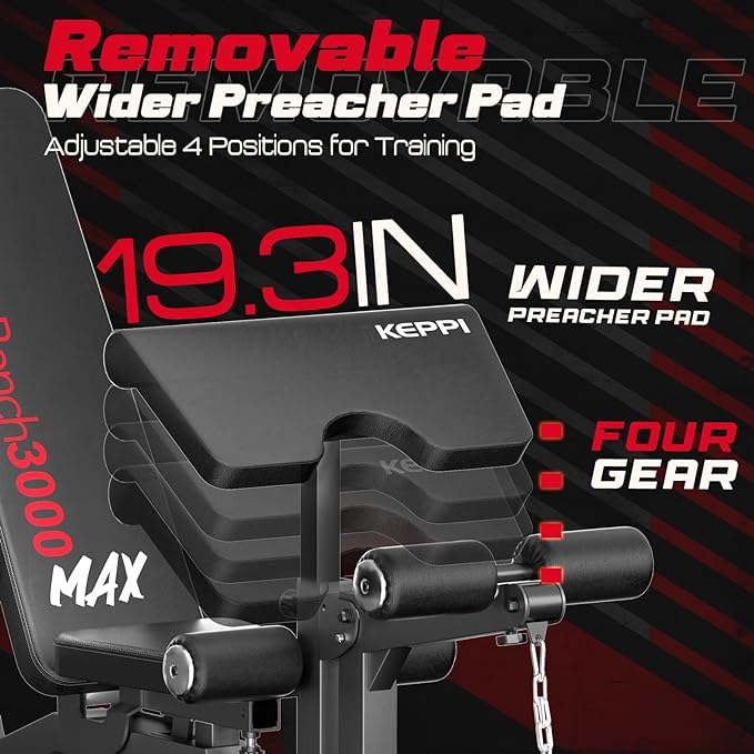 KeppiFitness Adjustable Weight Bench, Bench3000 MAX Heavy Duty Workout Bench Press with Leg