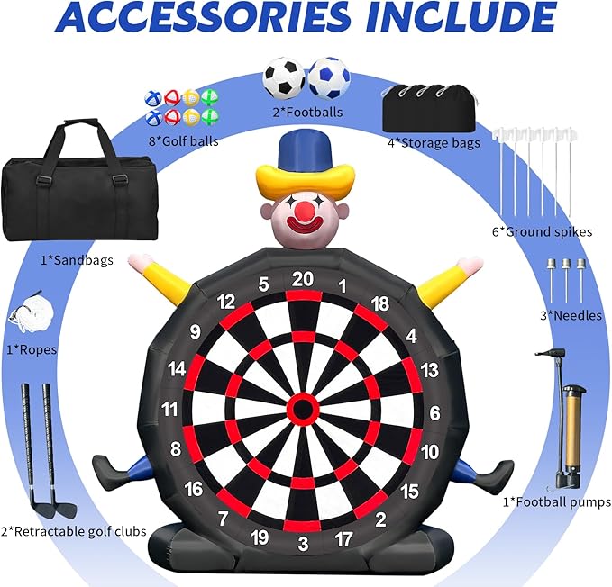 13FT Giant Inflatable Soccer Dart Board with Built-in Blower - Clown Themed Sport Kick Dartboard