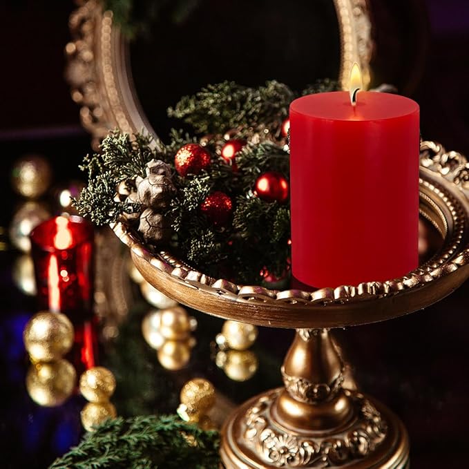 Red Pillar Candles Set of 3 - Dripless Unscented - 3x4, 3x6 & 3x8 inches Decorative Candles for