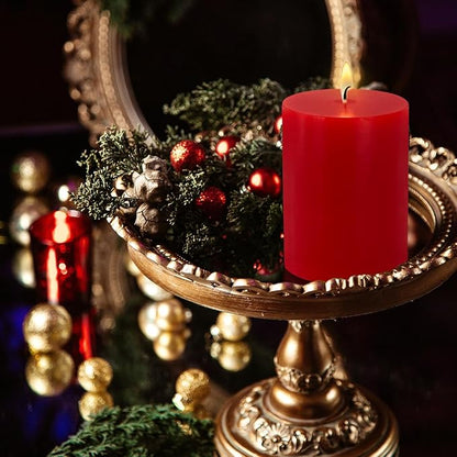 Red Pillar Candles Set of 3 - Dripless Unscented - 3x4, 3x6 & 3x8 inches Decorative Candles for